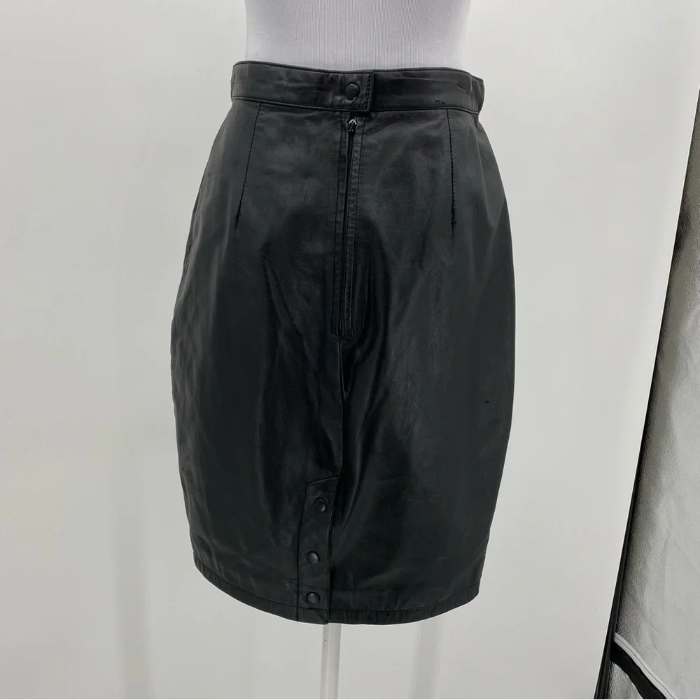 Tangu Vintage 80s Leather Skirt Size 9/10 Black Pencil Mobwife Goth Dance Snap‎